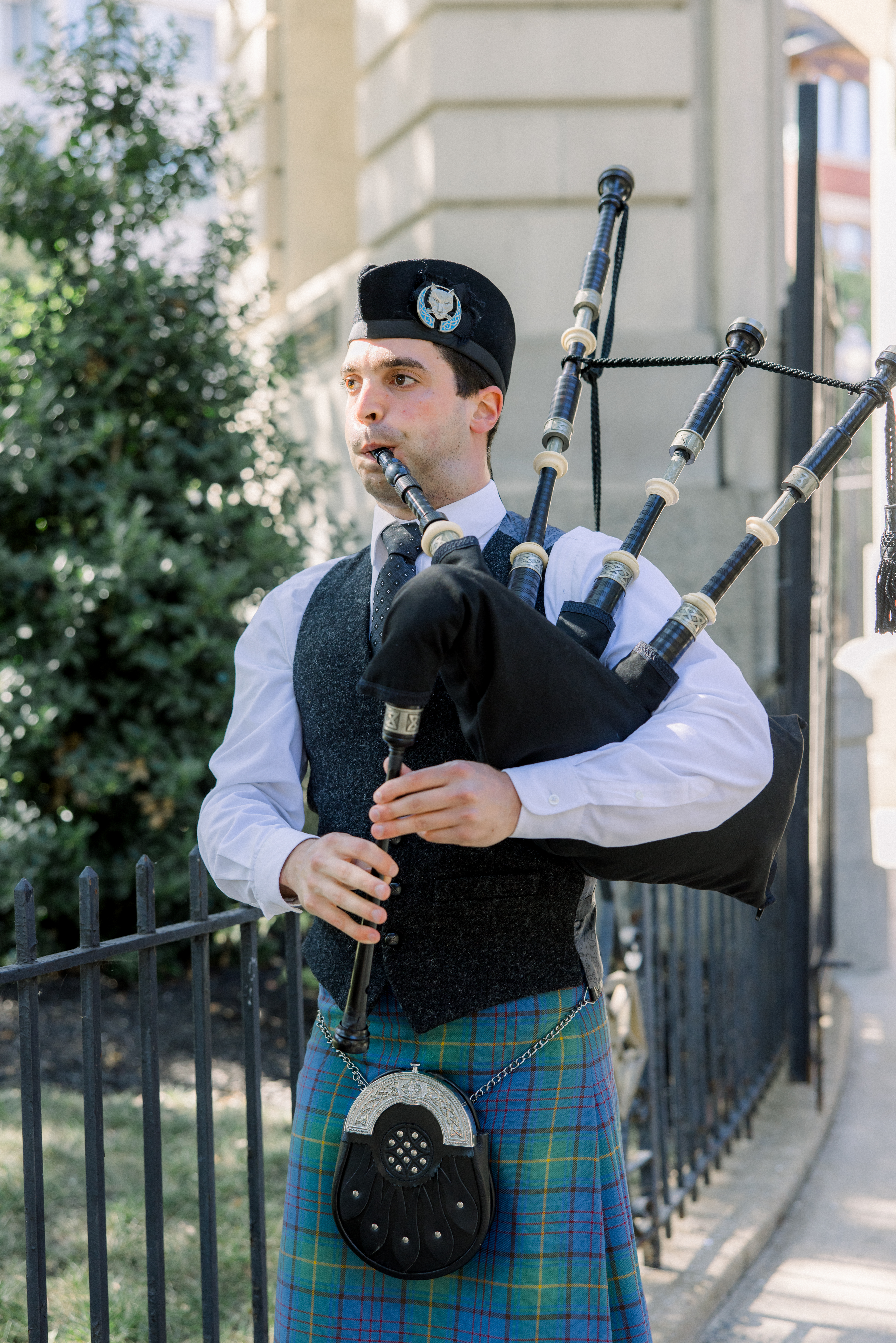Performing on the Great Highland Bagpipes at a Washington, DC wedding, 2025