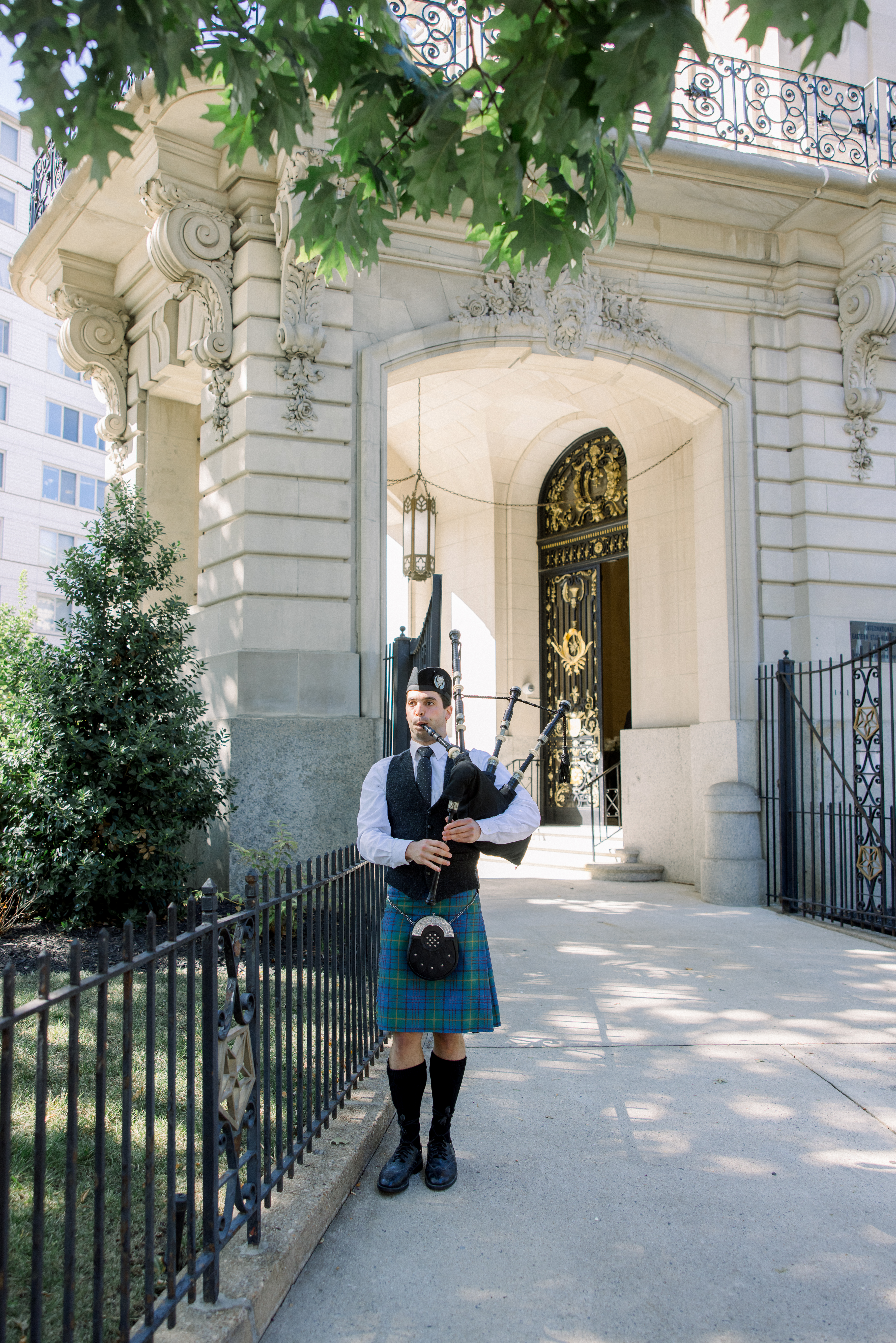 Eli Clemens, professional bagpiper, performing at a wedding in Washington, DC.